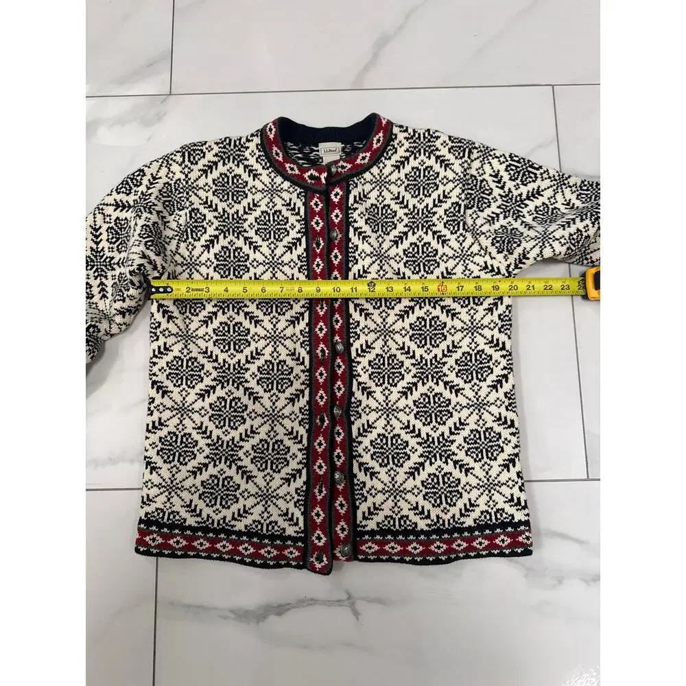 Vintage L.L.Bean 100% cotton Nordic Fair Isle cardigan sweater size M - Picture 7 of 12